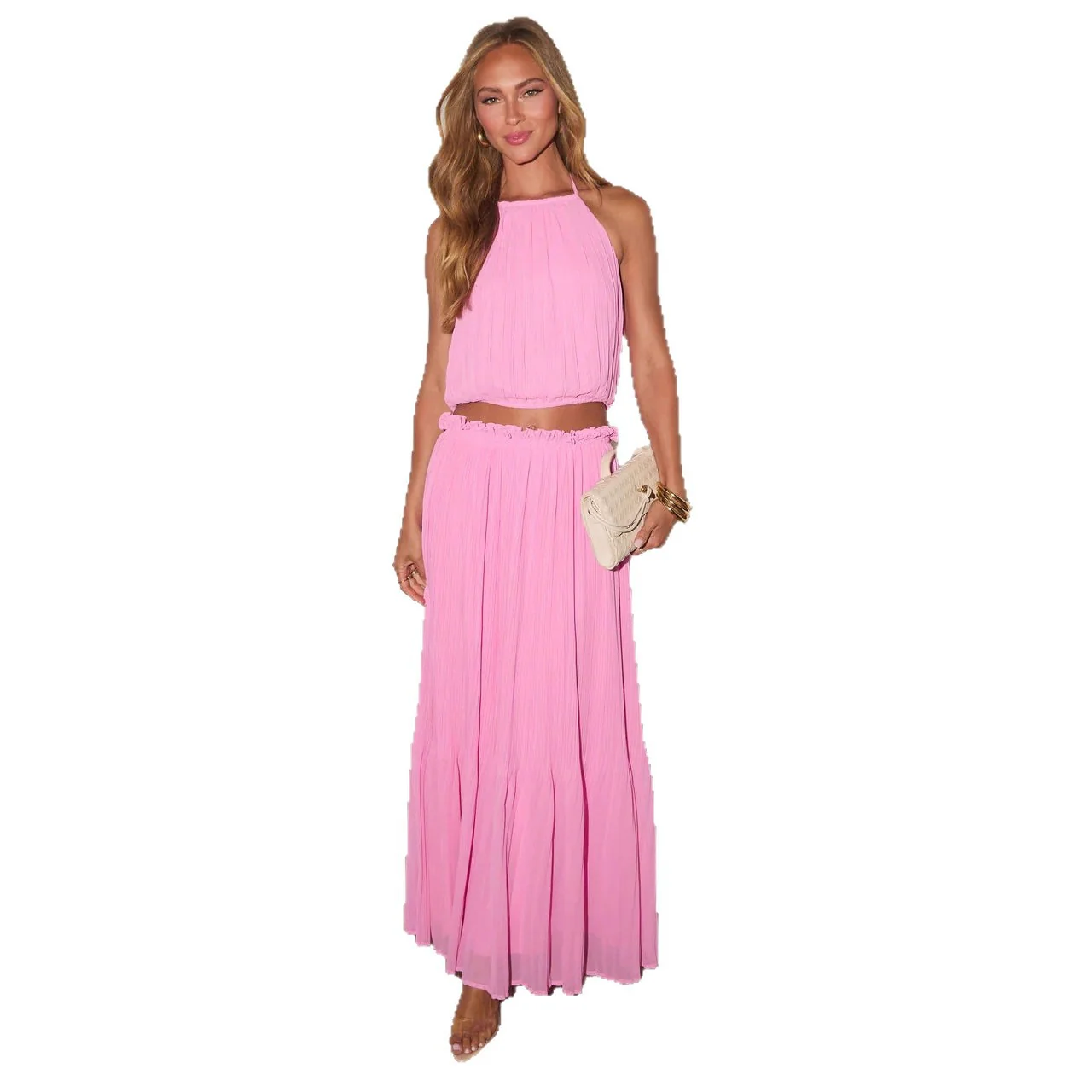 Damen Plissiertes Zweiteiliges Set mit Crop-Top und elegantem Maxiröck R&B - Image 5