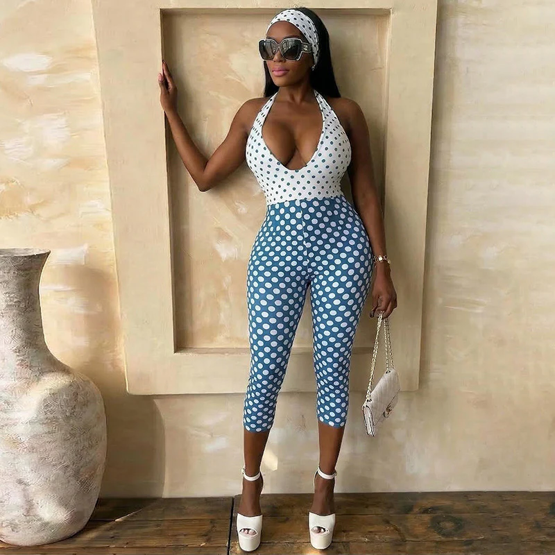 Damen Polka-Dot Jumpsuit mit tiefem V-Ausschnitt und elastischem Material R&B - Image 4
