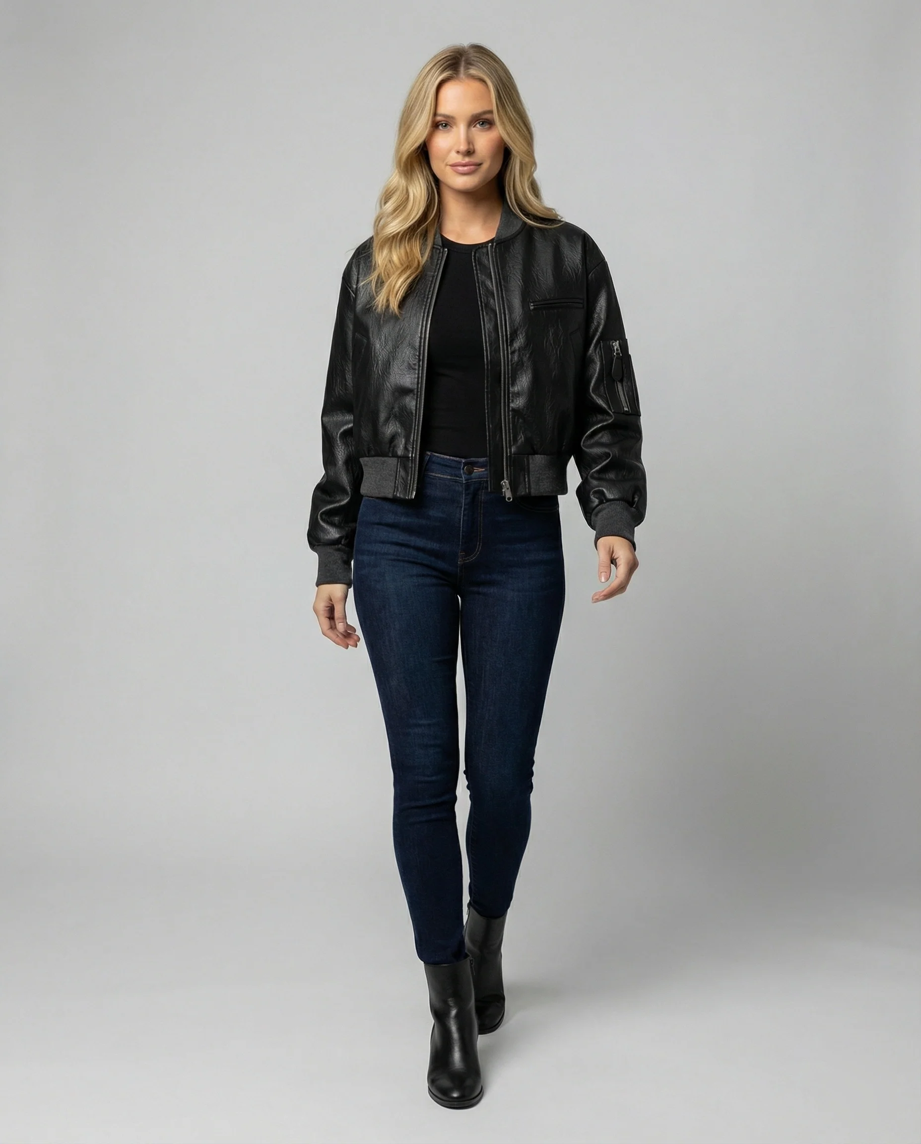 Damen PU Lederjacke Schwarz Kurz American Style Baseball Jacke Bikerlook - Image 3