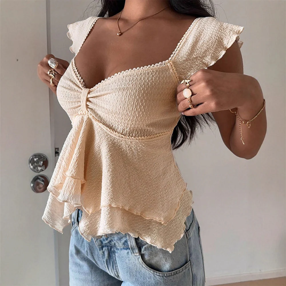 Damen Raffung Top mit Kunstlederbesatz und elastischem Schnitt R&B - Image 3