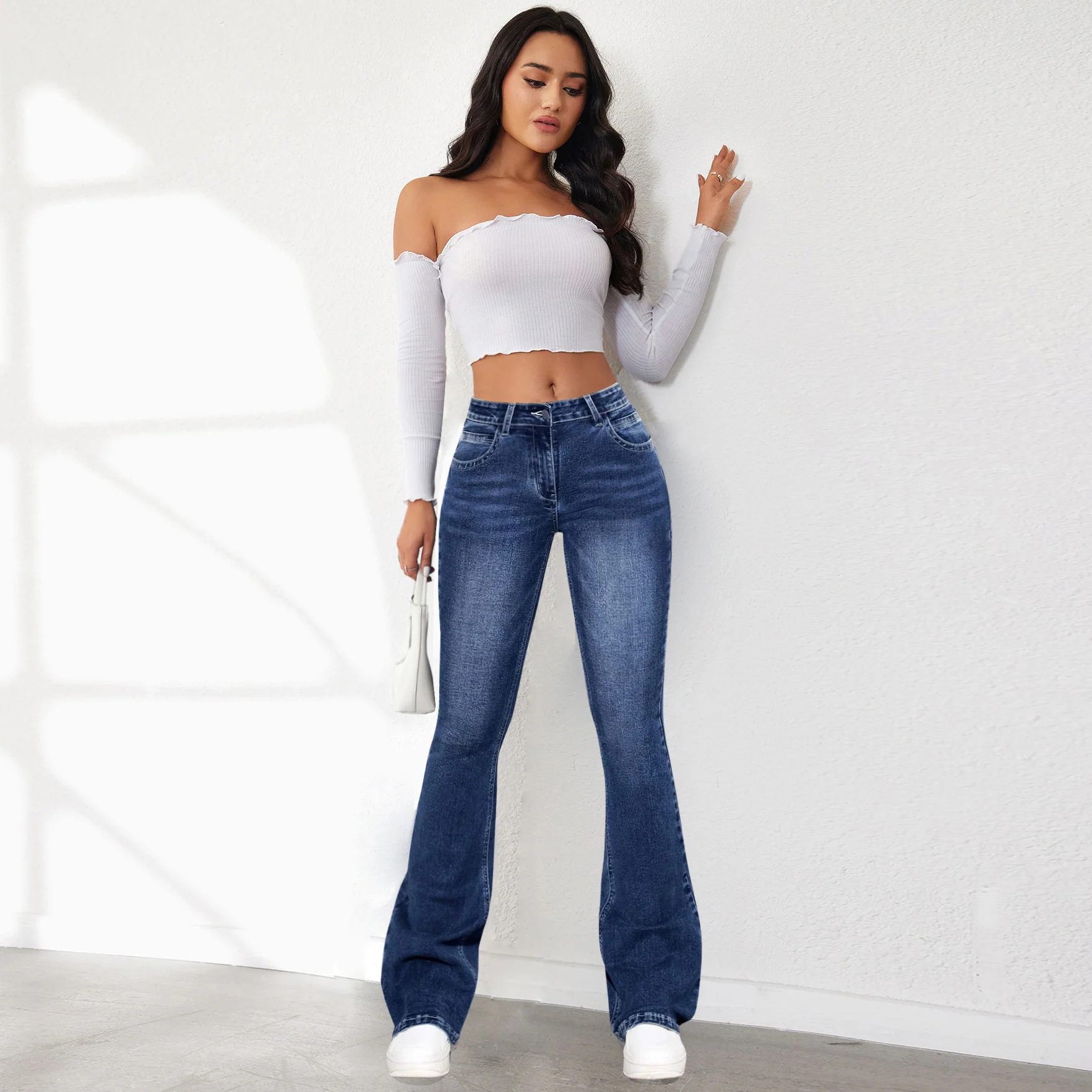 Damen Retro Flared Jeans im klassischen Design mit hohem Bund R&B - Image 2