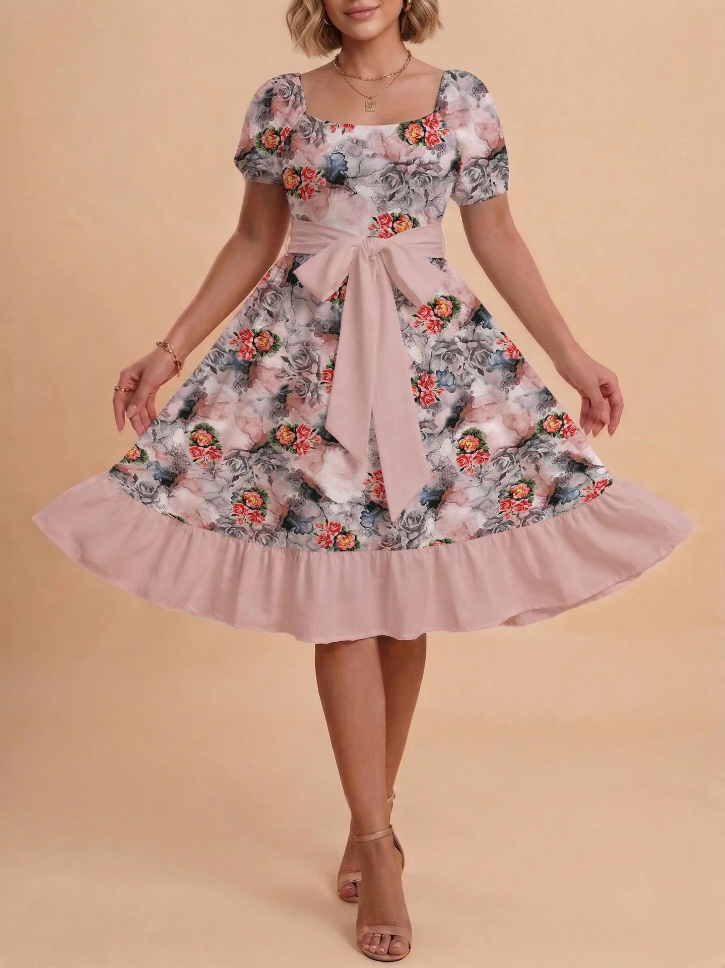 Damen Retro Maxikleid mit Puffärmeln und Taillengürtel R&B - Image 11