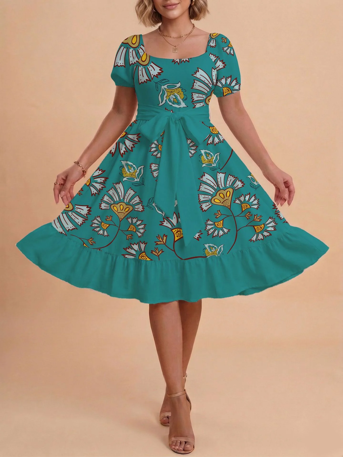 Damen Retro Maxikleid mit Puffärmeln und Taillengürtel R&B - Image 16