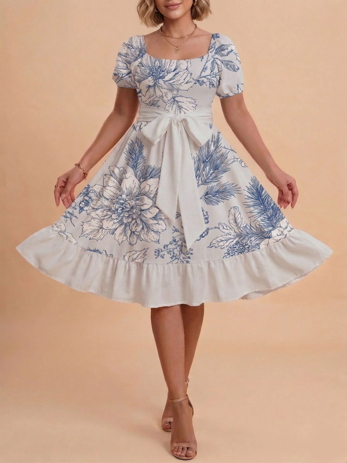 Damen Retro Maxikleid mit Puffärmeln und Taillengürtel R&B - Image 17