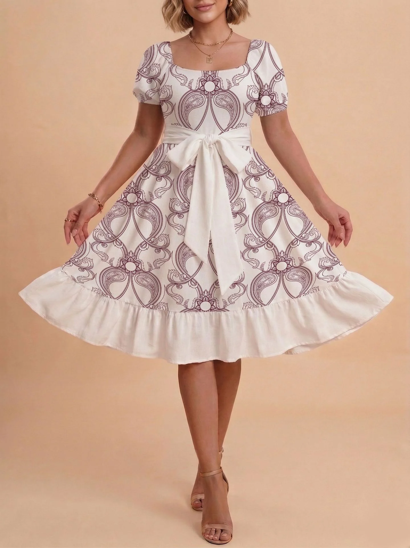 Damen Retro Maxikleid mit Puffärmeln und Taillengürtel R&B - Image 19