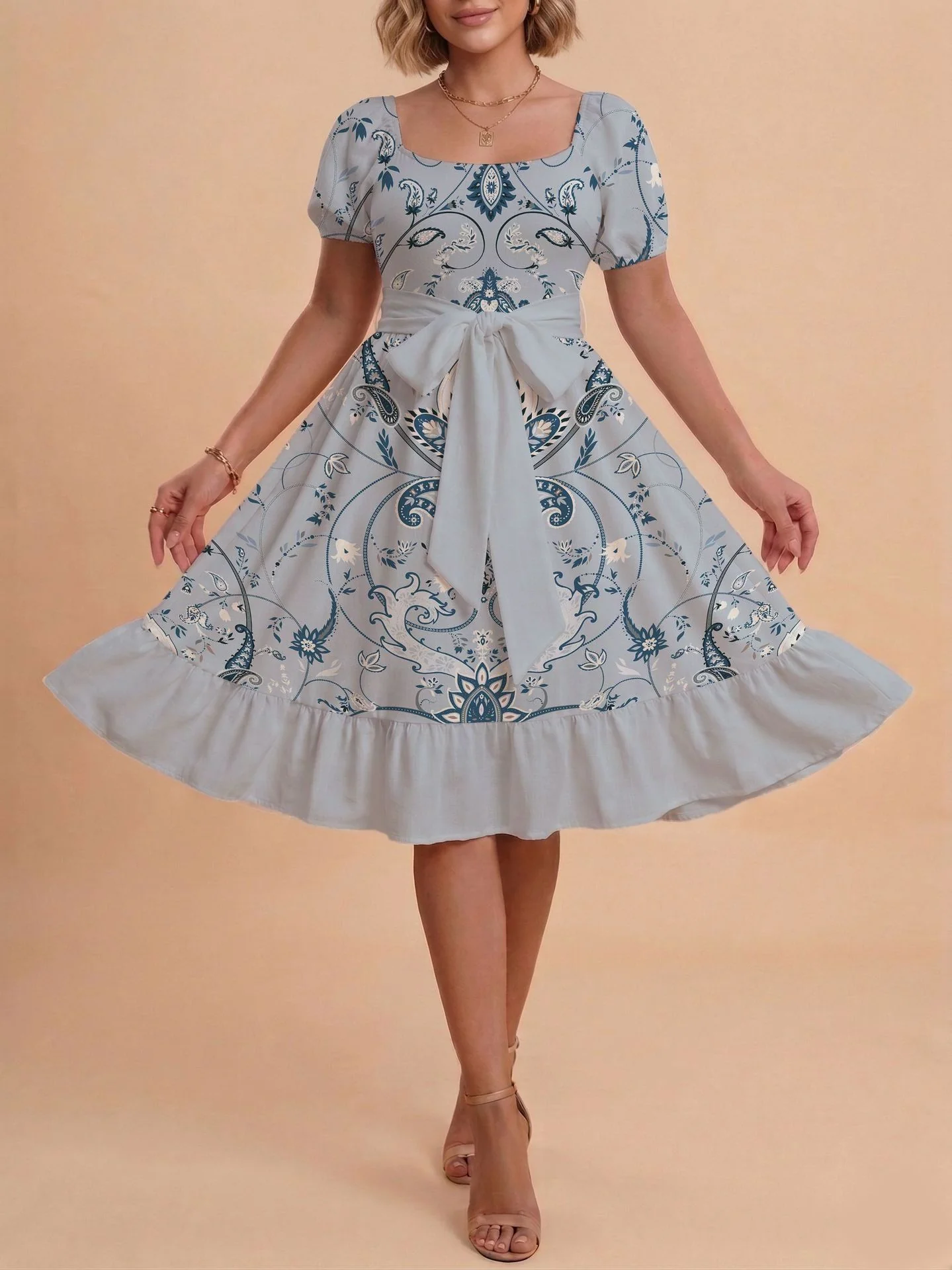 Damen Retro Maxikleid mit Puffärmeln und Taillengürtel R&B - Image 31