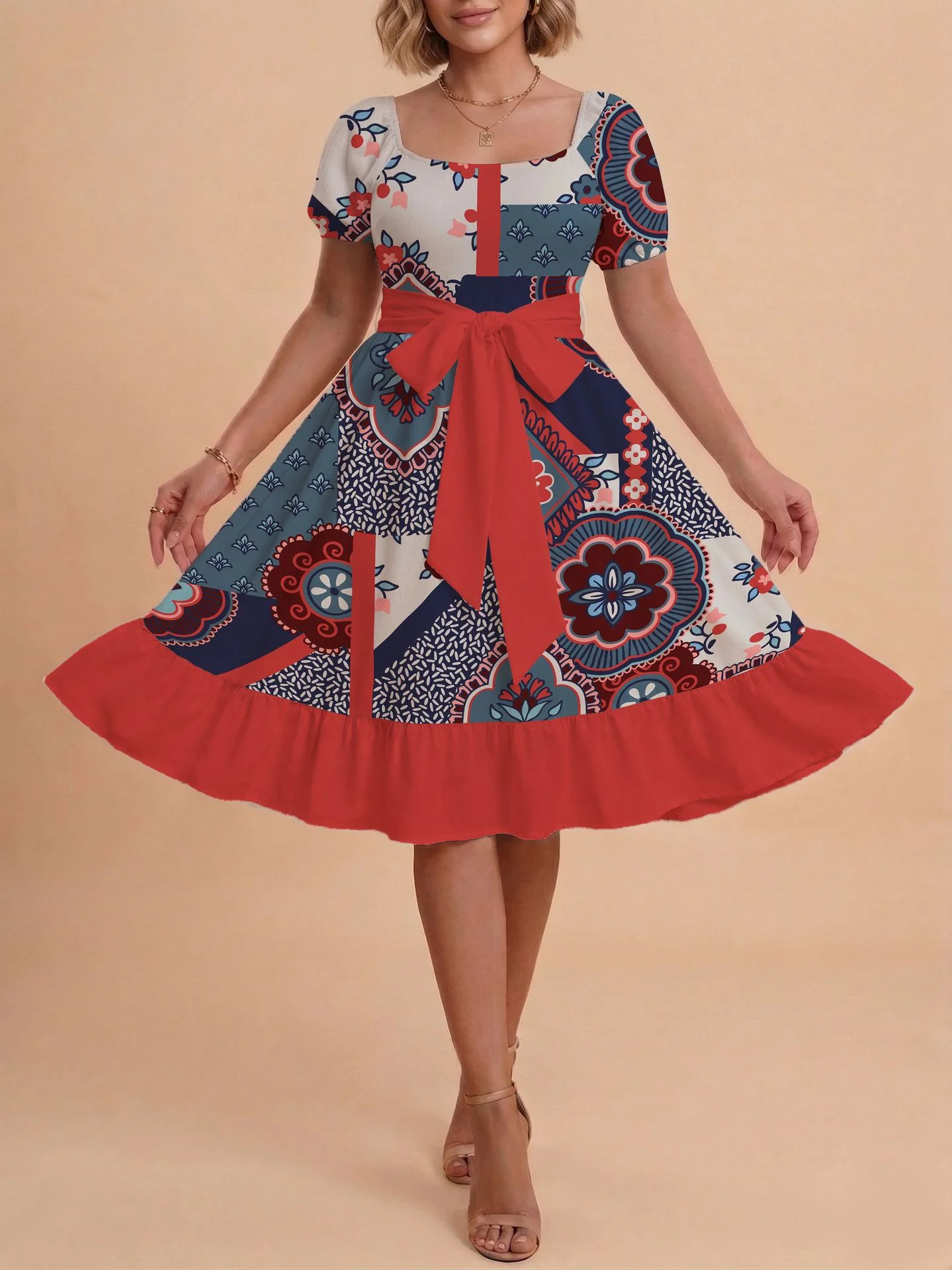 Damen Retro Maxikleid mit Puffärmeln und Taillengürtel R&B - Image 38