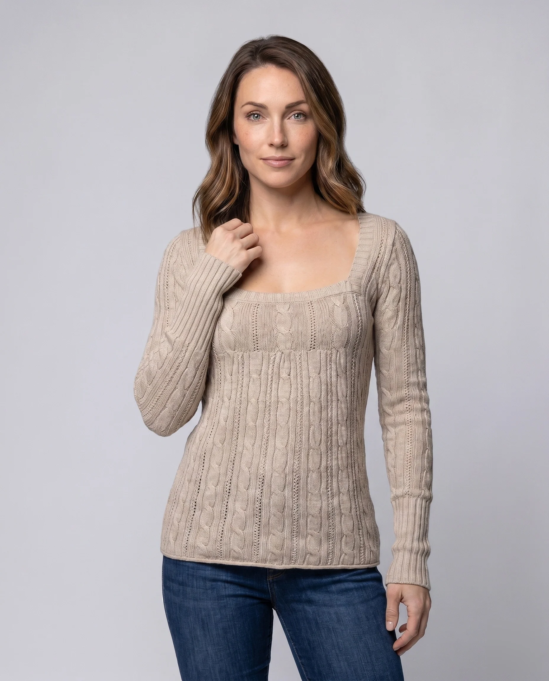 Damen Rippstrickpullover mit quadratischem Ausschnitt und langen Ärmeln - Image 2