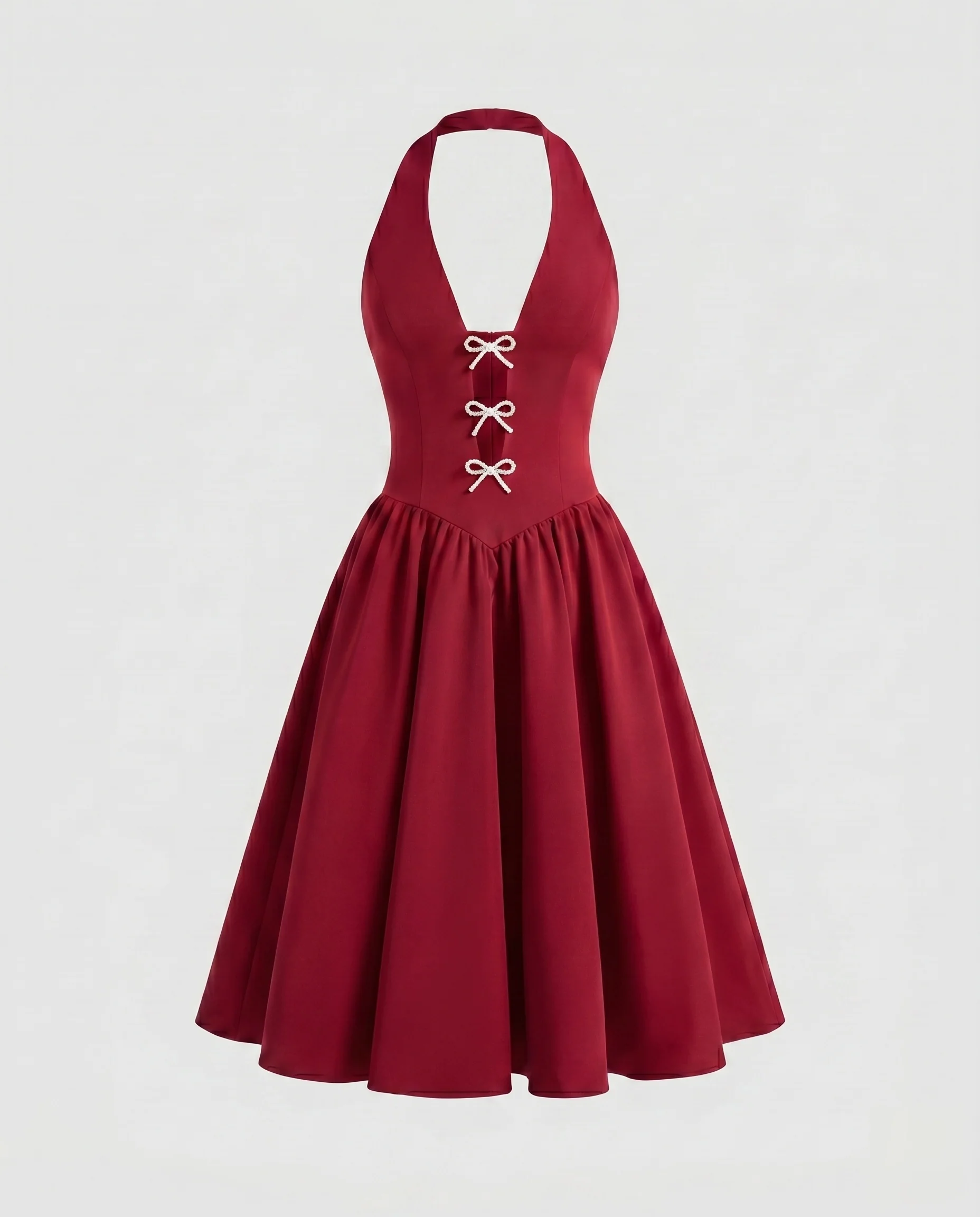 Damen Rockabilly Abendkleid mit schickem V-Ausschnitt und Schleifenapplikationen R&B - Image 6