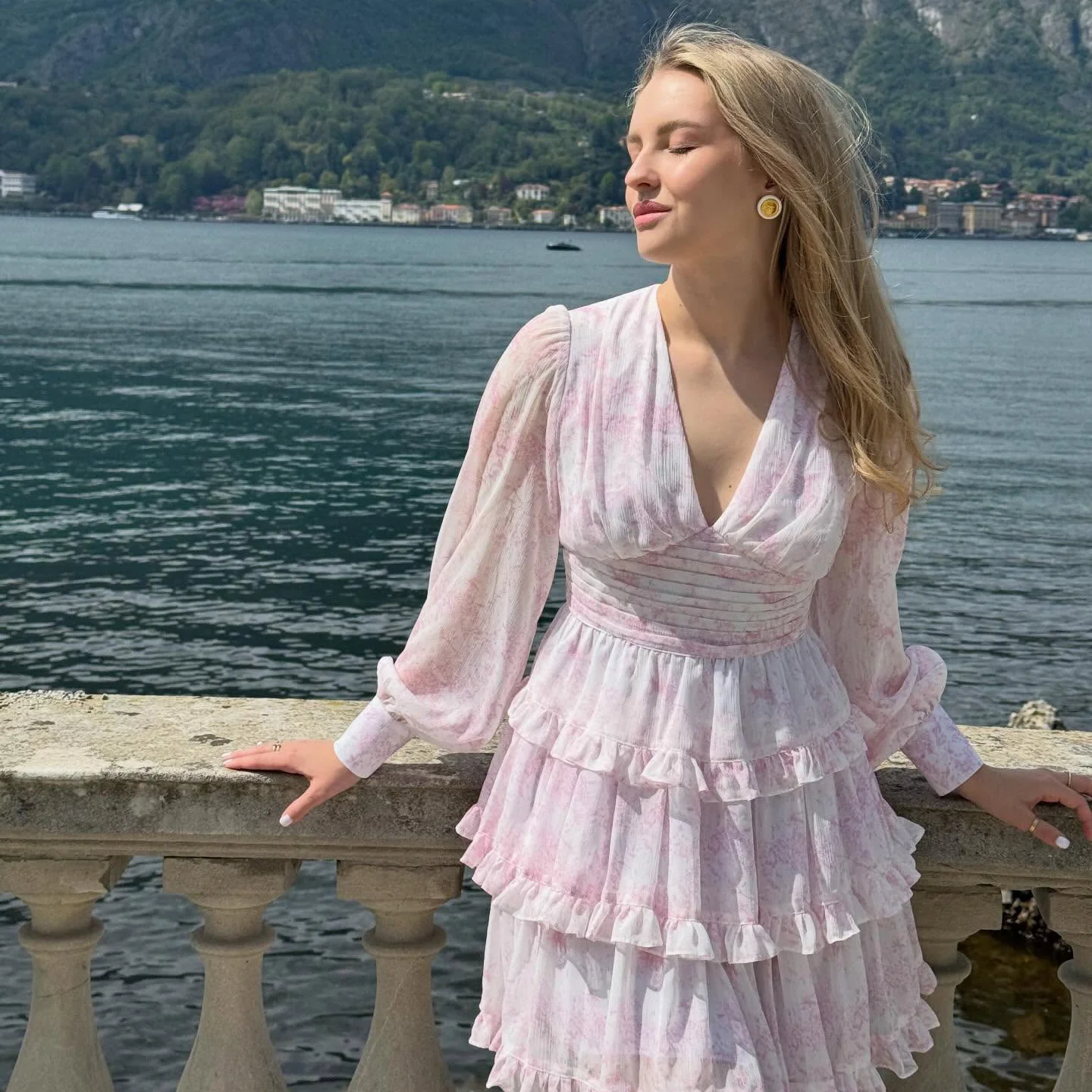 Damen romantisches Rüschendetail Kleid mit tiefem V-Ausschnitt und langem Ärmel R&B - Image 6