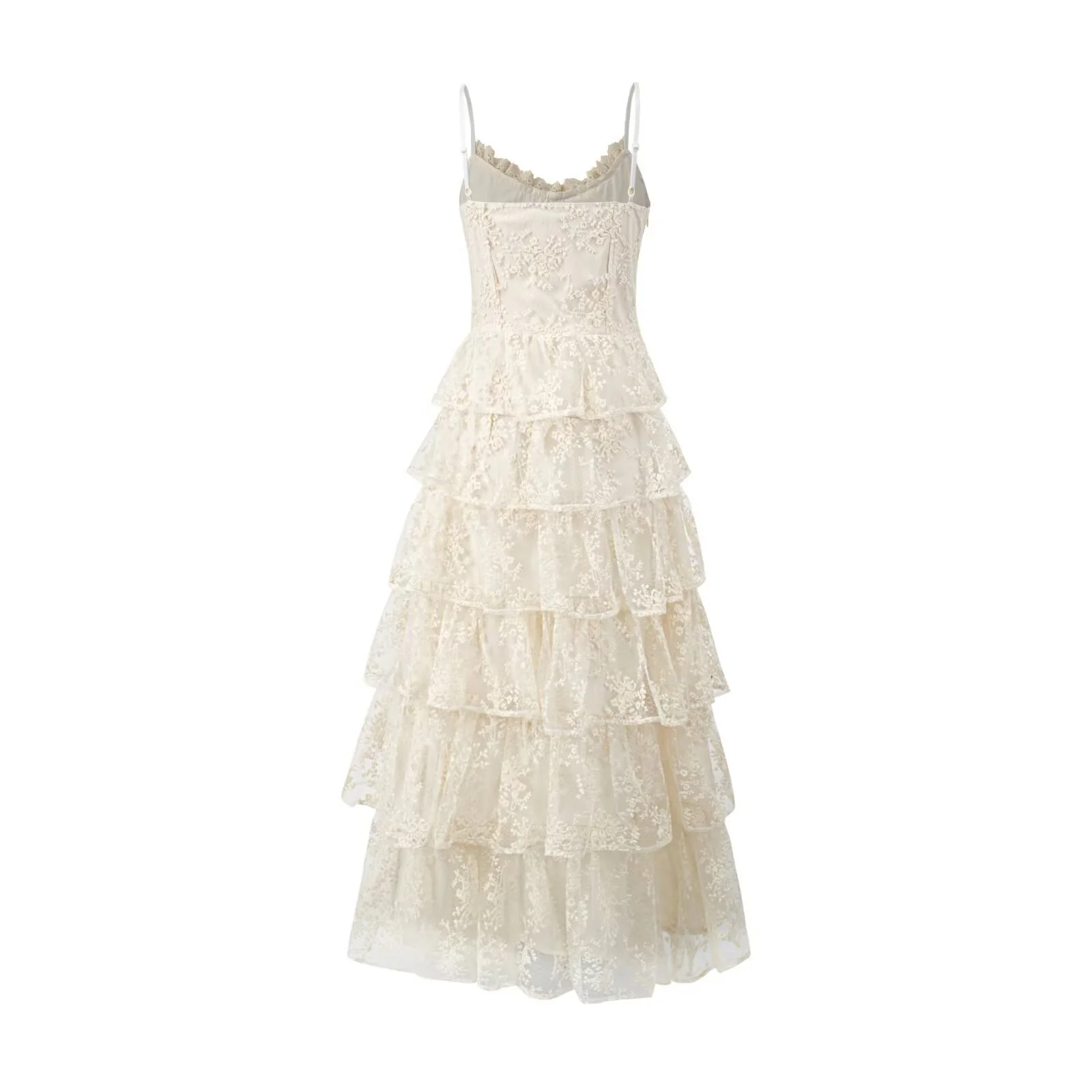 Damen romantisches Spitzenmaxikleid mit voluminösen Rüschenschichten R&B - Image 2