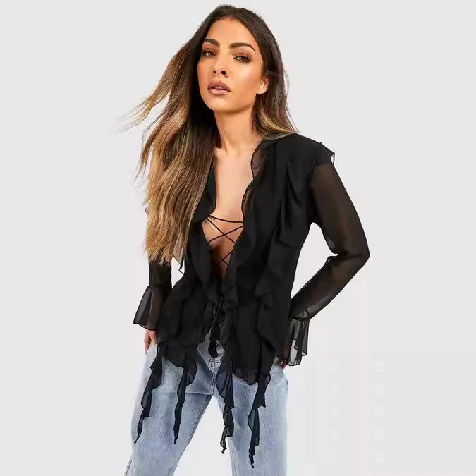 Damen Rüschenshirt mit eleganten Schnürdetails und transparenten Ärmeln R&B - Image 2