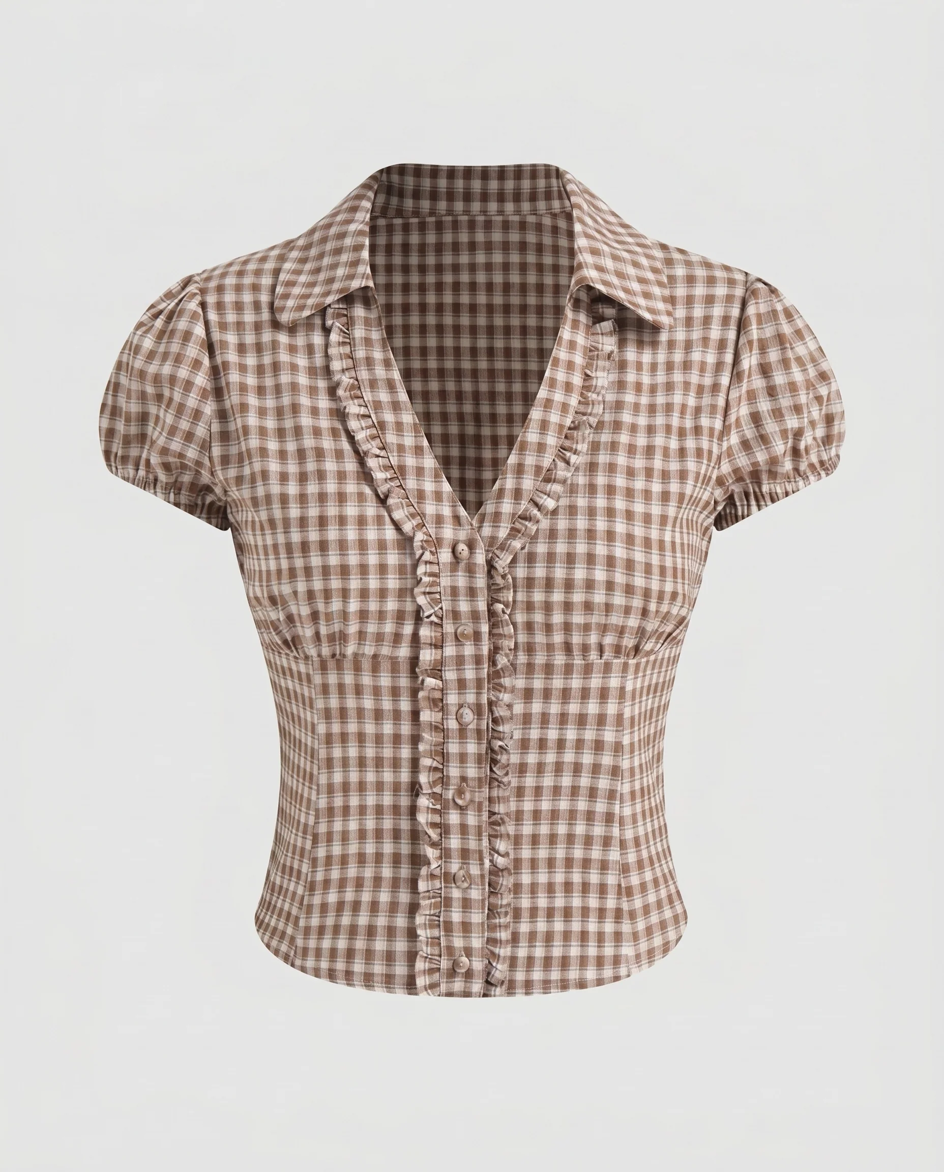 Damen Rüschenbluse im Karo-Design mit Kurzarm R&B - Image 5