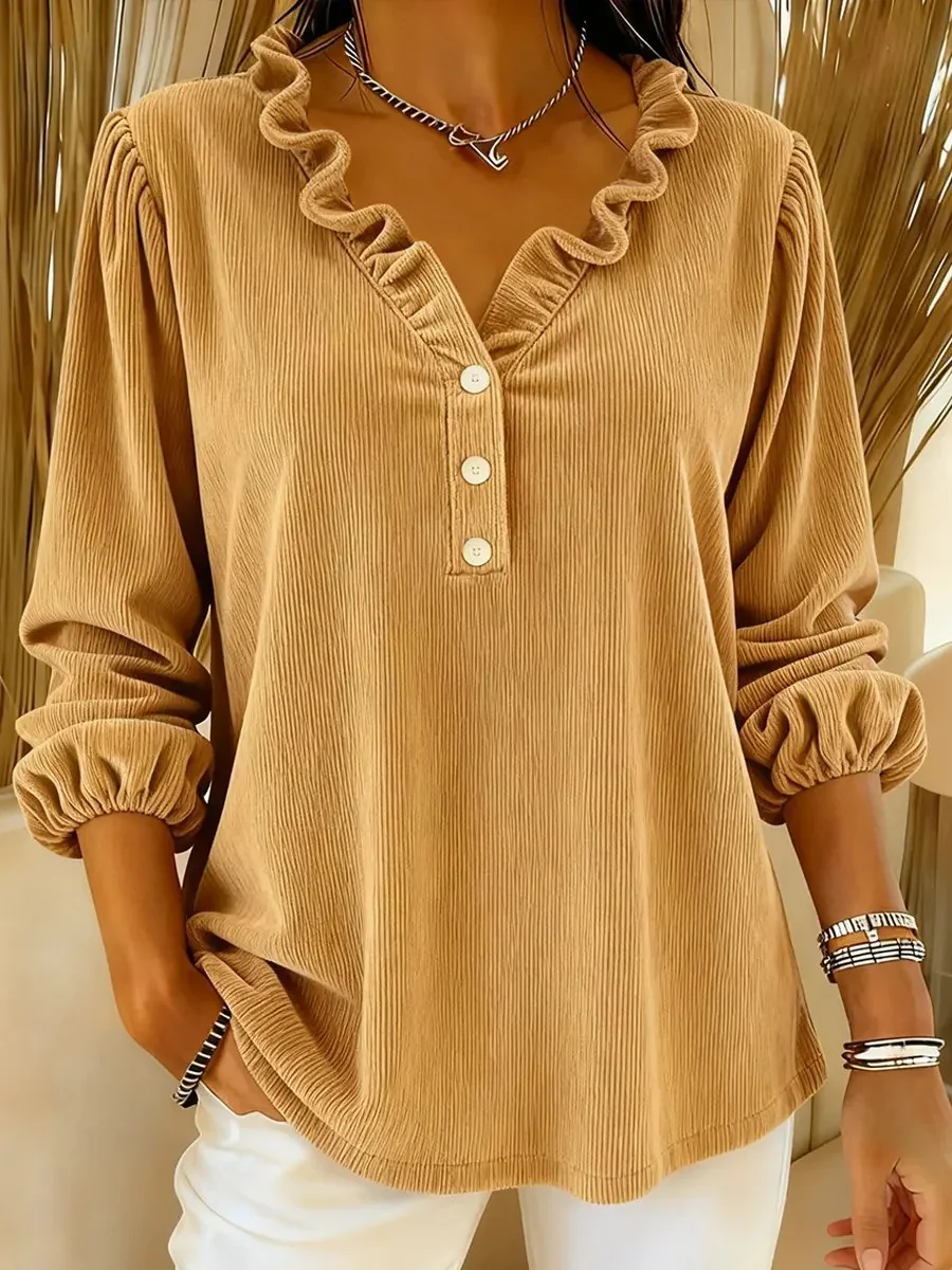 Damen Rüschbluse mit Knopfleiste und 3/4-Ärmeln R&B - Image 9