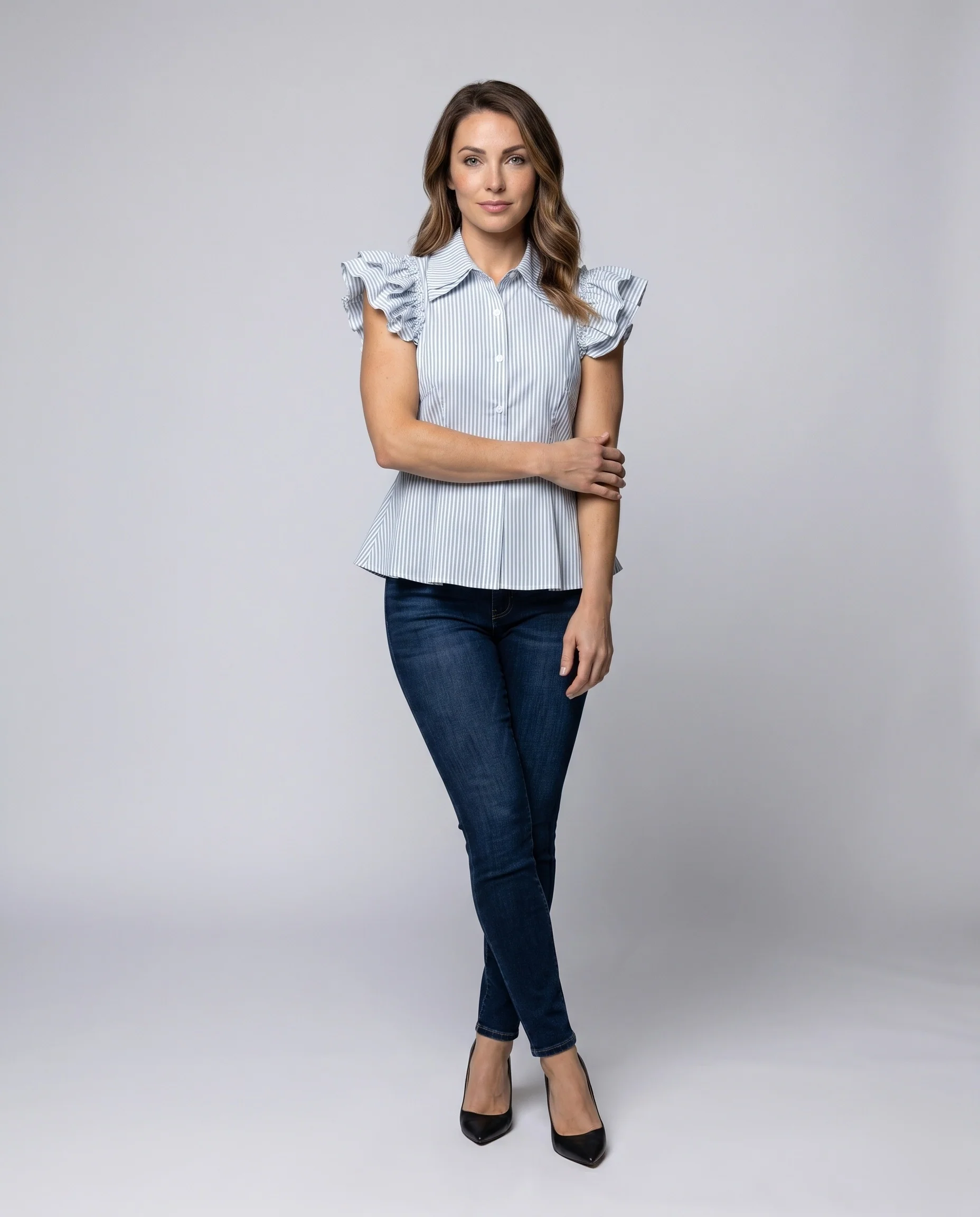 Damen Rüschenbluse mit tailliertem Schnitt und Streifenmuster R&B