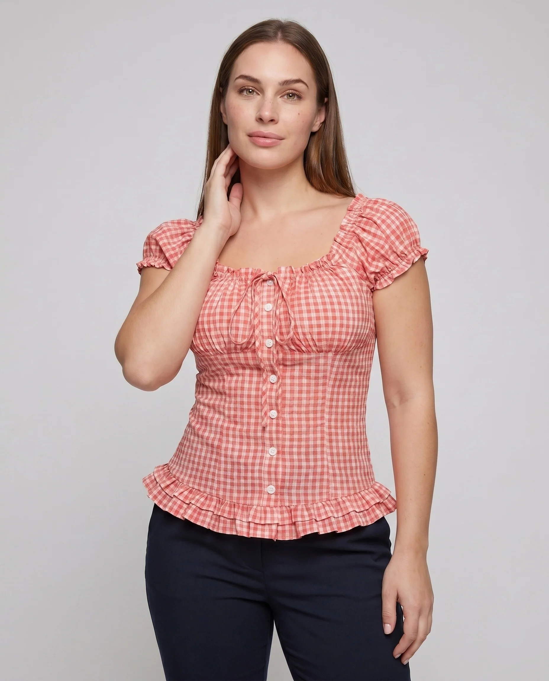 Damen Rüschenbluse mit tailliertem Schnitt und süßem Karomuster - Image 2
