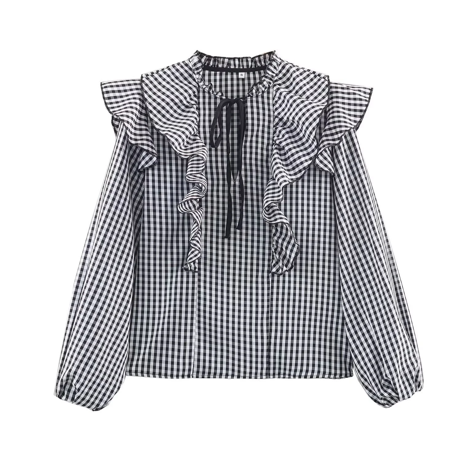 Damen Rüschenshirt mit klassischen Karomuster und eleganten Bindebändern R&B - Image 2