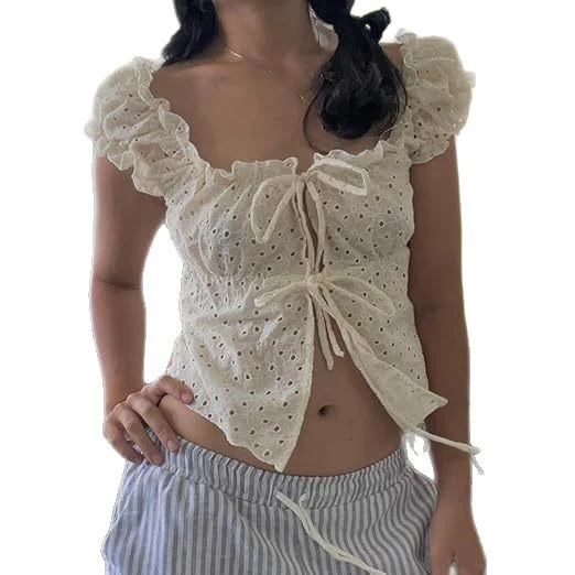 Damen Rüschenshirt mit tiefer Taille und Bindebändern R&B - Image 5