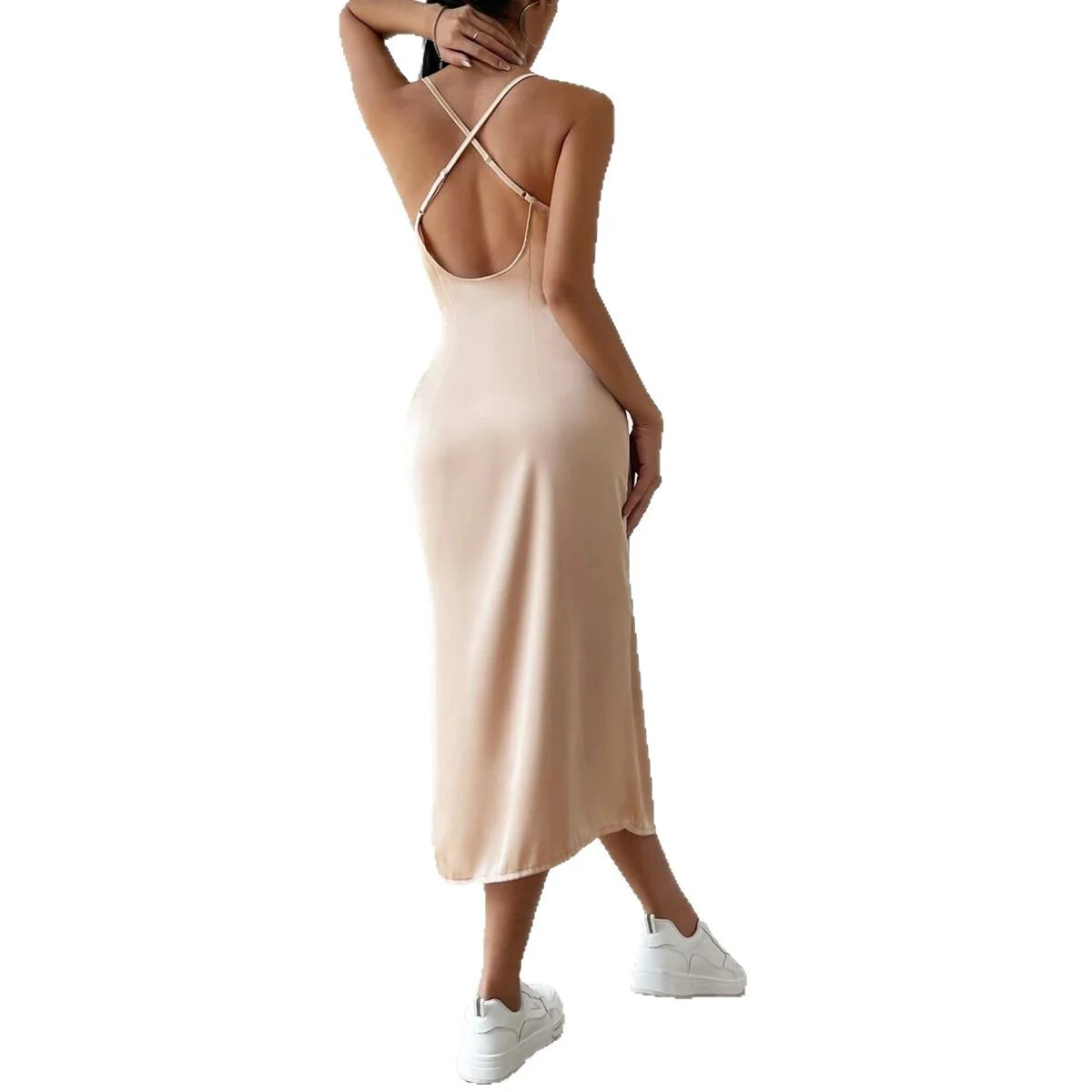 Damen Satin-Midikleid mit schmalen Trägern und elegantem Schlitz R&B - Image 4
