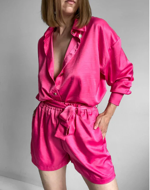 Damen Satin Shorts-Set mit elegantem Kragen und Taillengürtel R&B - Image 4