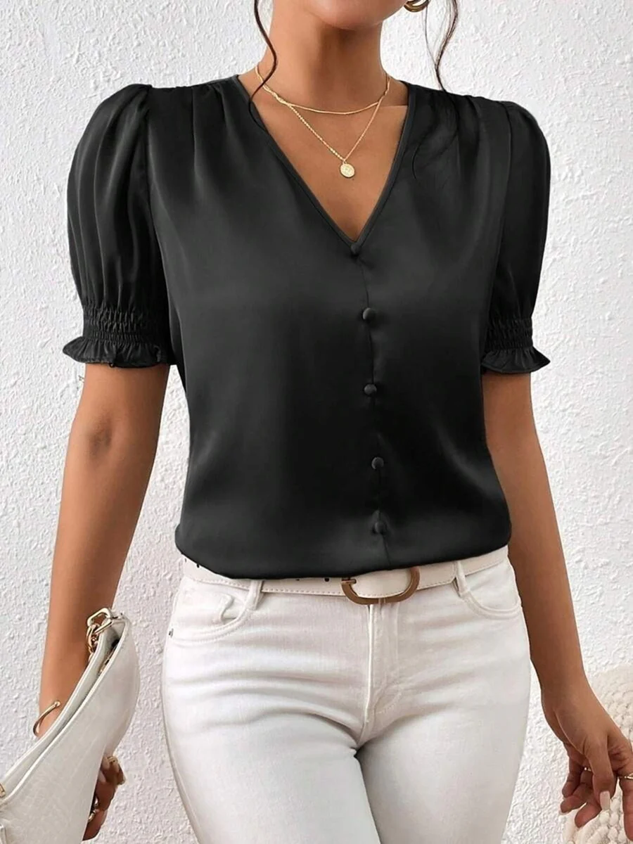 Damen Satinbluse mit Puffärmeln und eleganter Knopfleiste R&B - Image 12