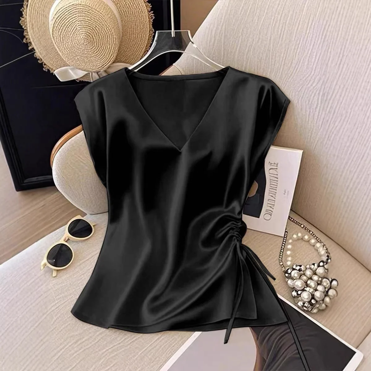Damen Satinbluse mit seitlichem Kordelzug und V-Ausschnitt R&B - Image 2