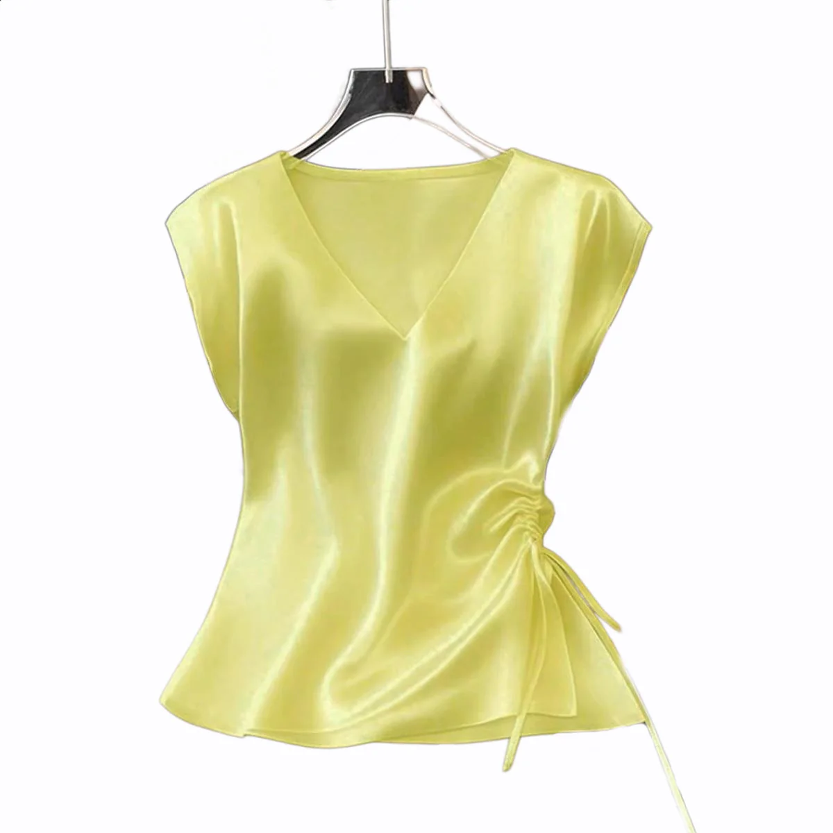 Damen Satinbluse mit seitlichem Kordelzug und V-Ausschnitt R&B - Image 4