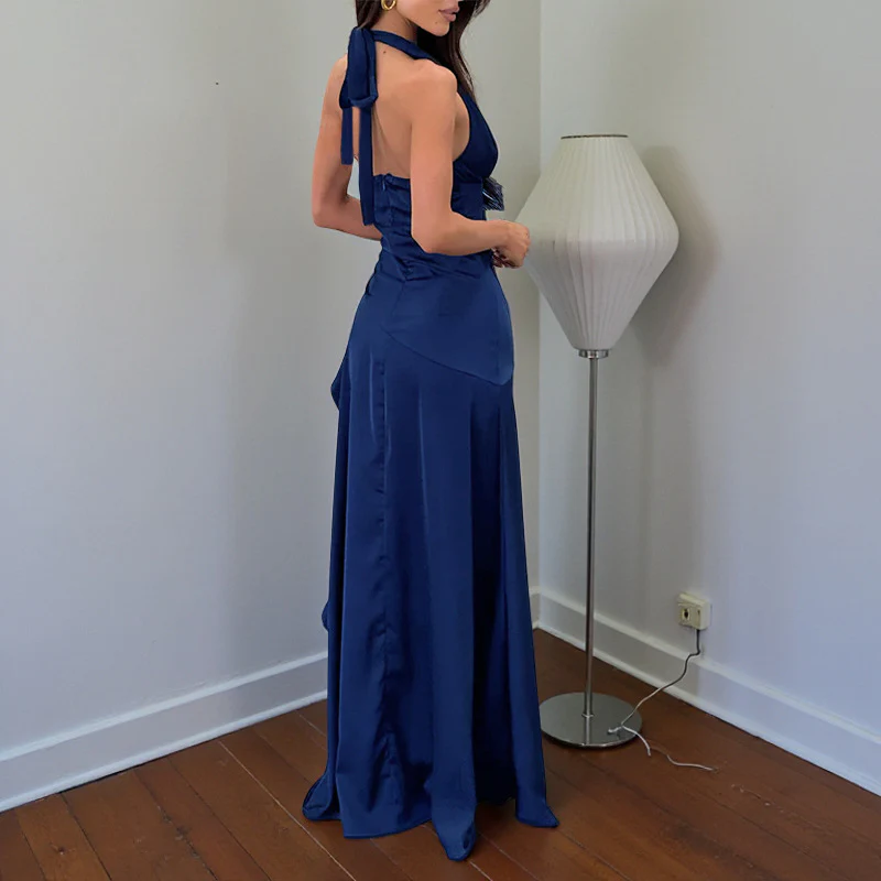 Damen schickes Maxi-Kleid mit tiefem V-Ausschnitt und fließendem Rüschenrock R&B - Image 4