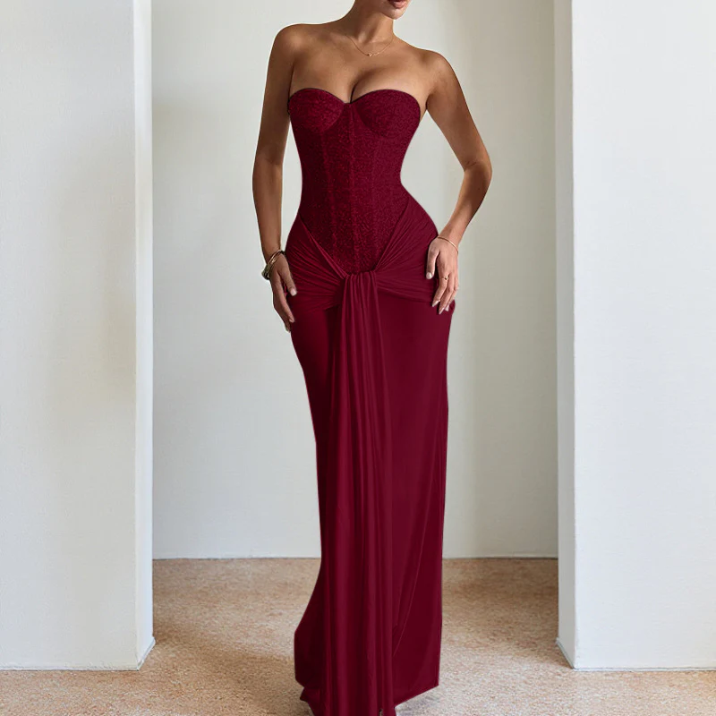 Damen schickes Maxikleid mit elegantem Bustier-Oberteil und gerafftem Rock R&B - Image 4