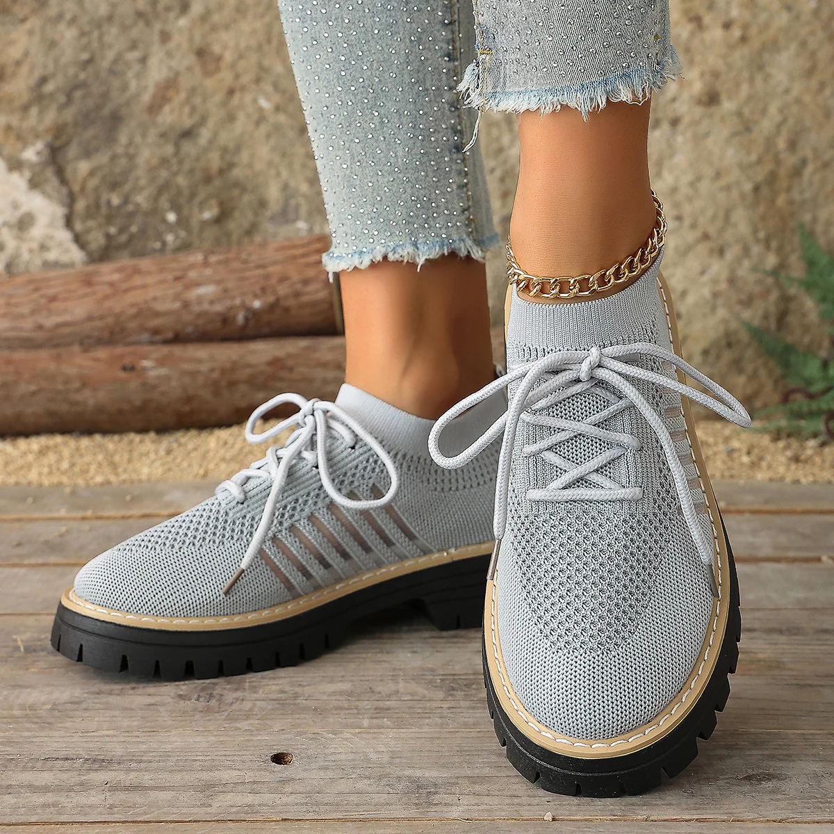 Damen Schnürschuhe mit luftiger Strick-Oberfläche und rutschfester Sohle R&B - Image 4