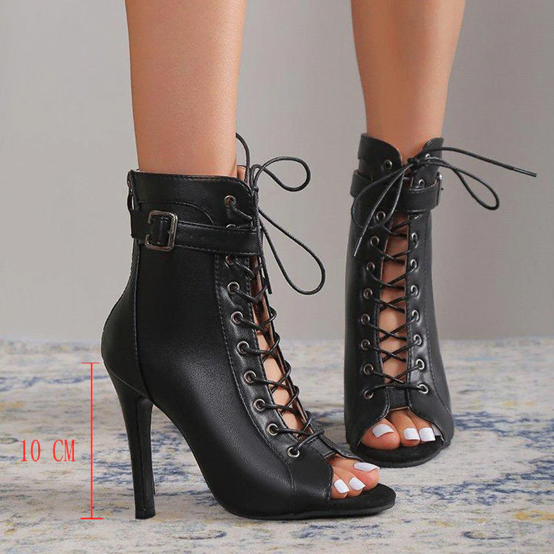 Damen Schnürstiefeletten mit offener Zehenpartie und hohem Absatz R&B - Image 11