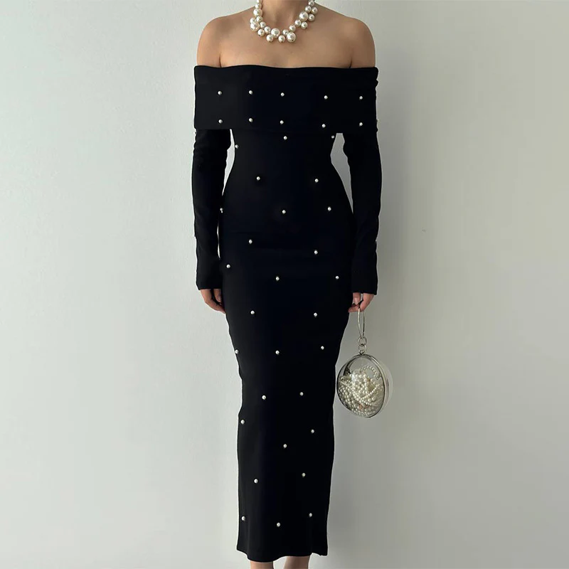 Damen schulterfreies Maxikleid mit eleganter Perlenverzierung und figurbetontem Schnitt R&B
