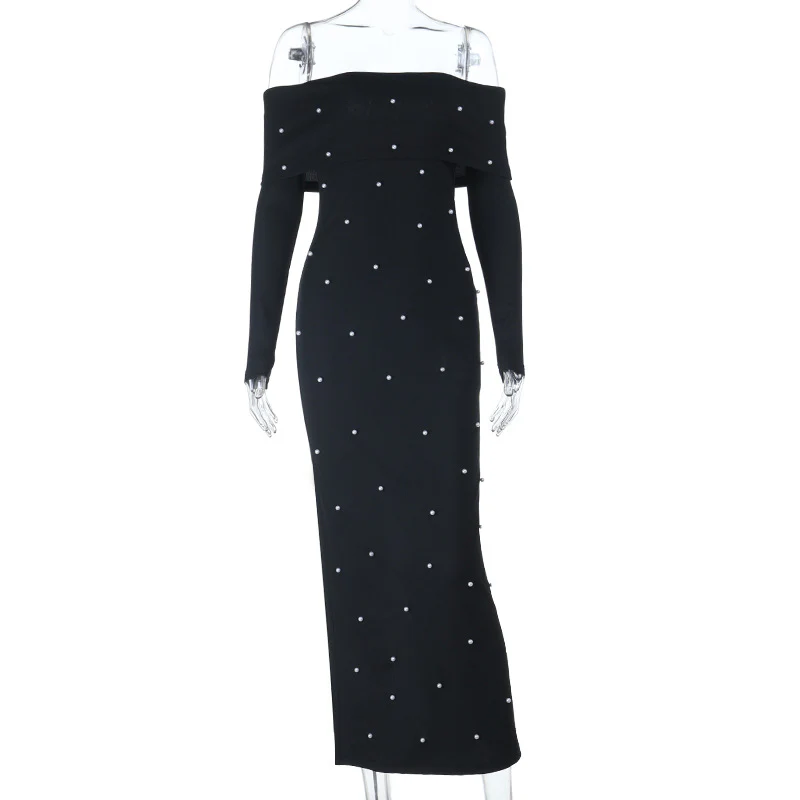 Damen schulterfreies Maxikleid mit eleganter Perlenverzierung und figurbetontem Schnitt R&B - Image 6
