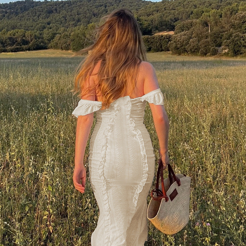 Damen schulterfreies Maxikleid mit Rüschendetails und taillierter Silhouette R&B - Image 3