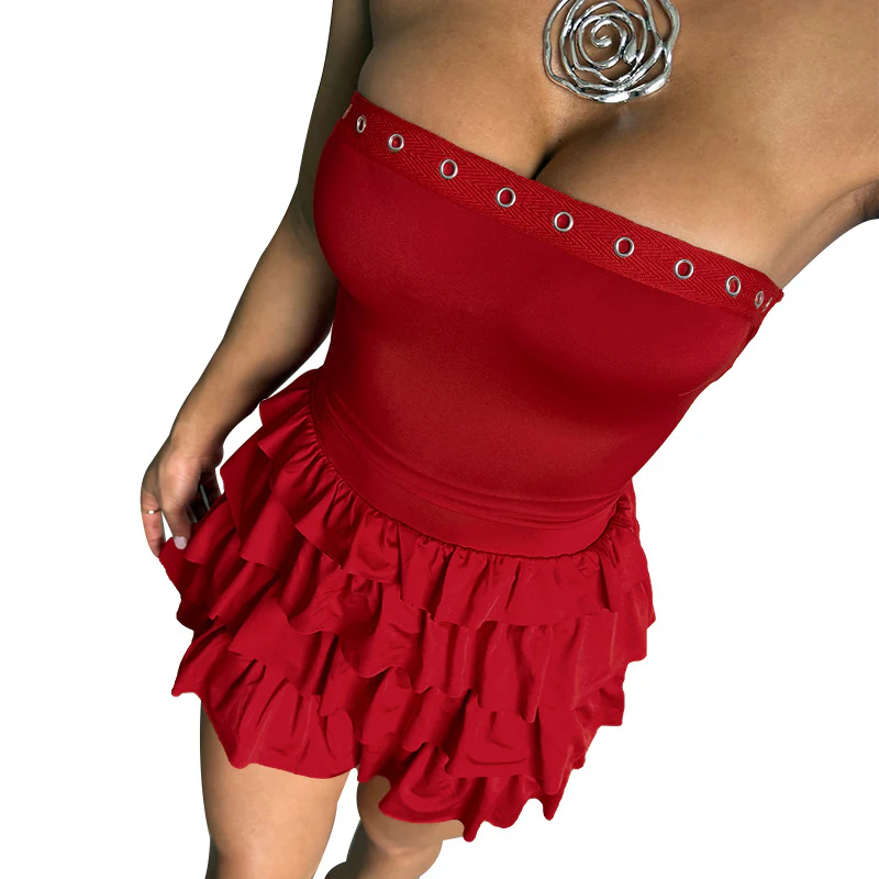 Damen schulterfreies Minikleid mit Rüschendesign und Zierknöpfen R&B - Image 5