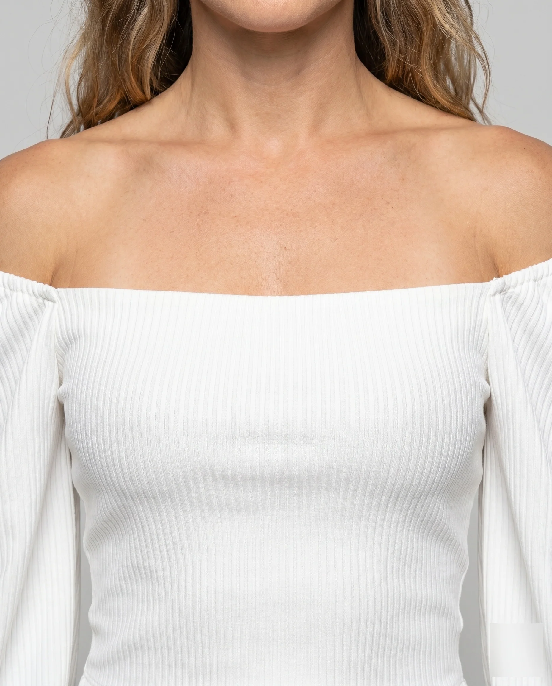 Damen schulterfreies Oberteil mit Puffärmeln und Rippstruktur - Image 3