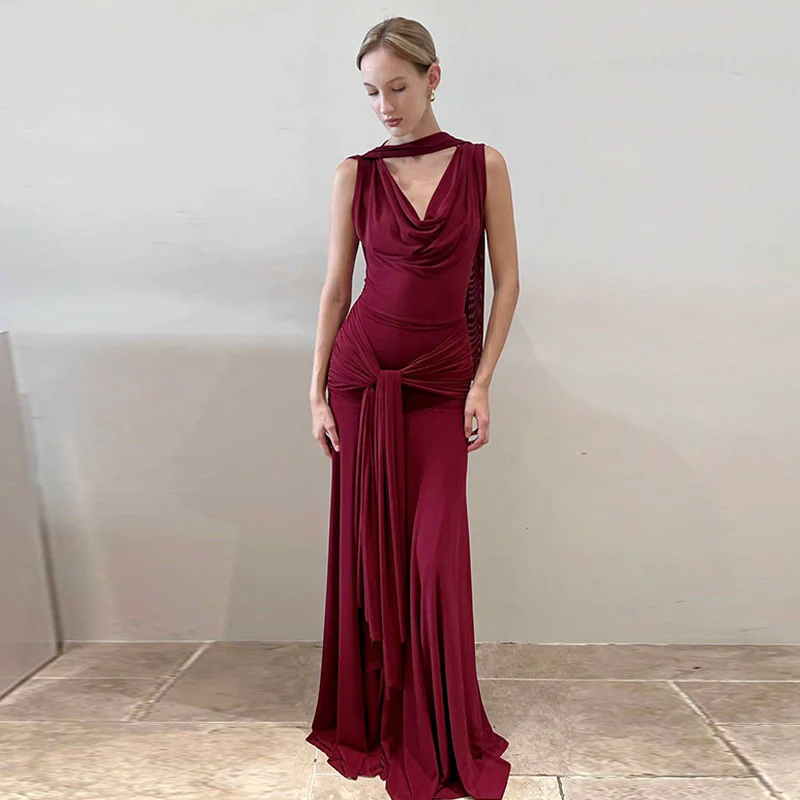 Damen schulterfreies Wickelmaxikleid mit drapiertem Oberteil und seitlichem Bindegürtel R&B - Image 7