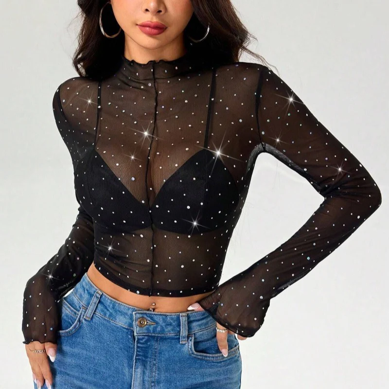 Damen Sexy Crop-Top aus transparentem Netz mit funkelnden Akzenten R&B - Image 4