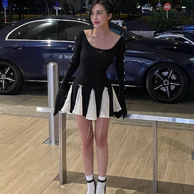 Damen Skaterkleid mit kontrastierenden Rüschendetails und lange Ärmel R&B - Image 4