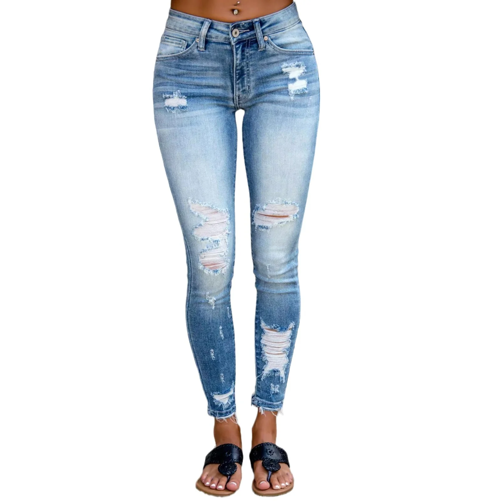Damen Skinny Jeans im angesagten Destroyed-Look mit hohem Bund und ausgefranstem Saum R&B - Image 5