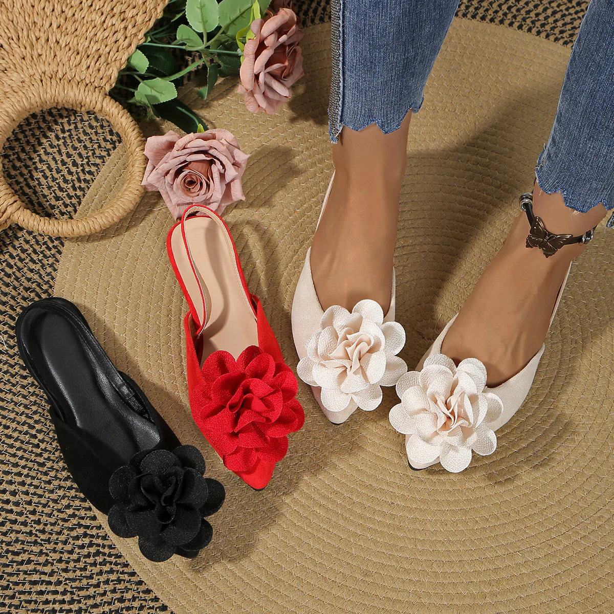 Damen Sling-Pumps mit dekorativer Blütenapplikation und weichem Veloursstoff Heidi-Mode - Image 4
