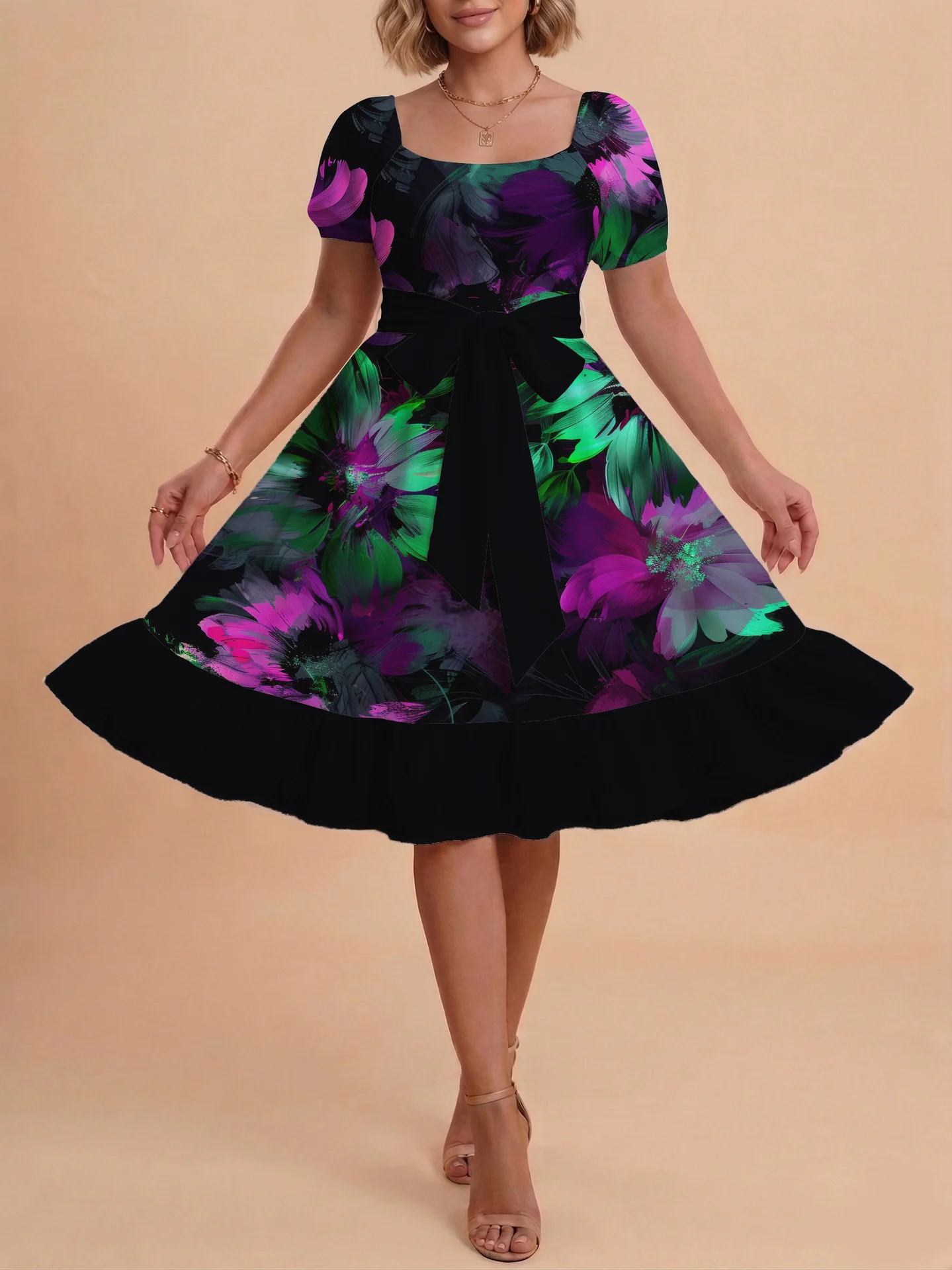 Damen Sommerkleid mit floralem Puffärmel und taillierbarem Gürtel R&B - Image 12