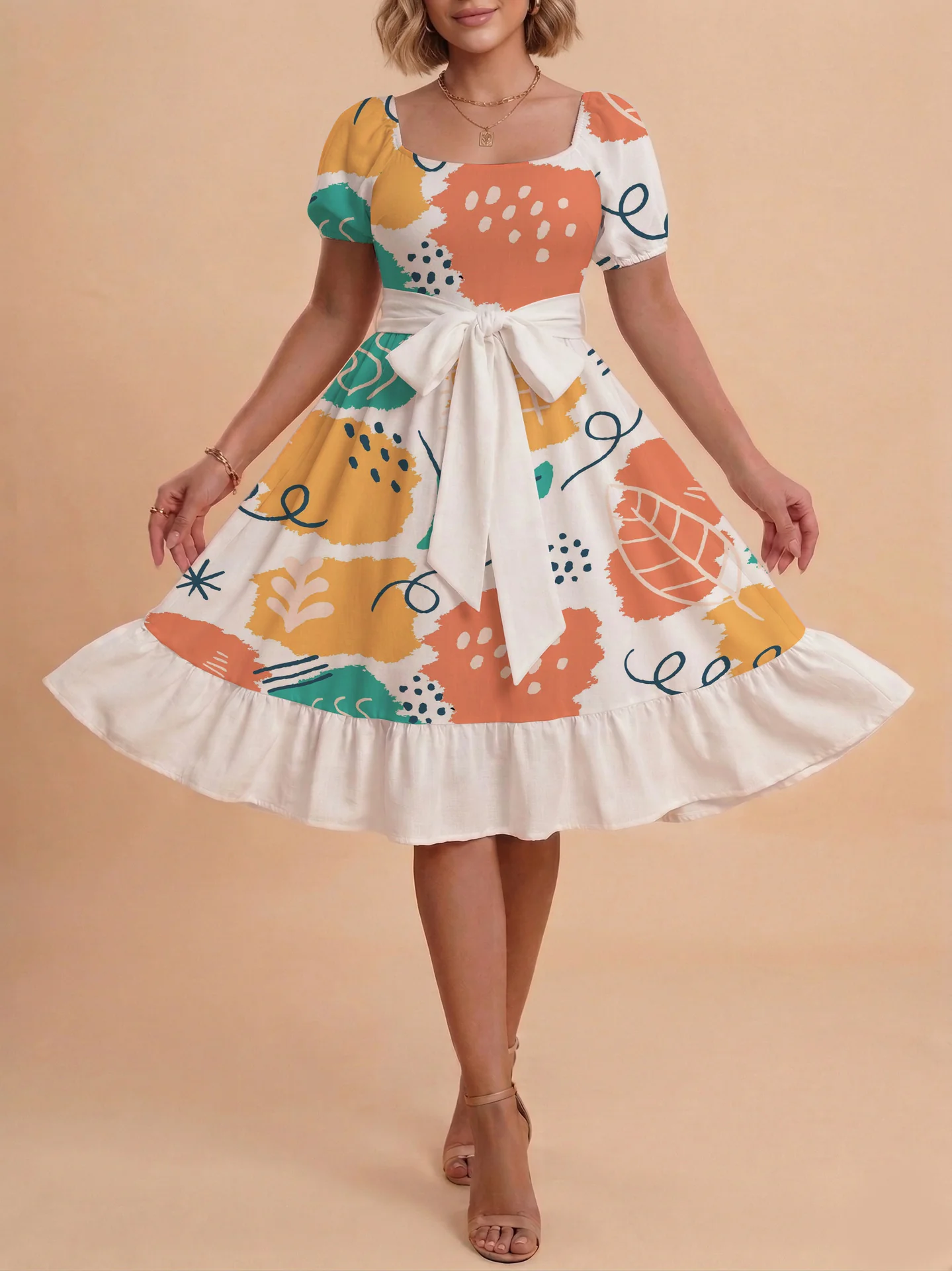 Damen Sommerkleid mit floralem Puffärmel und taillierbarem Gürtel R&B - Image 42