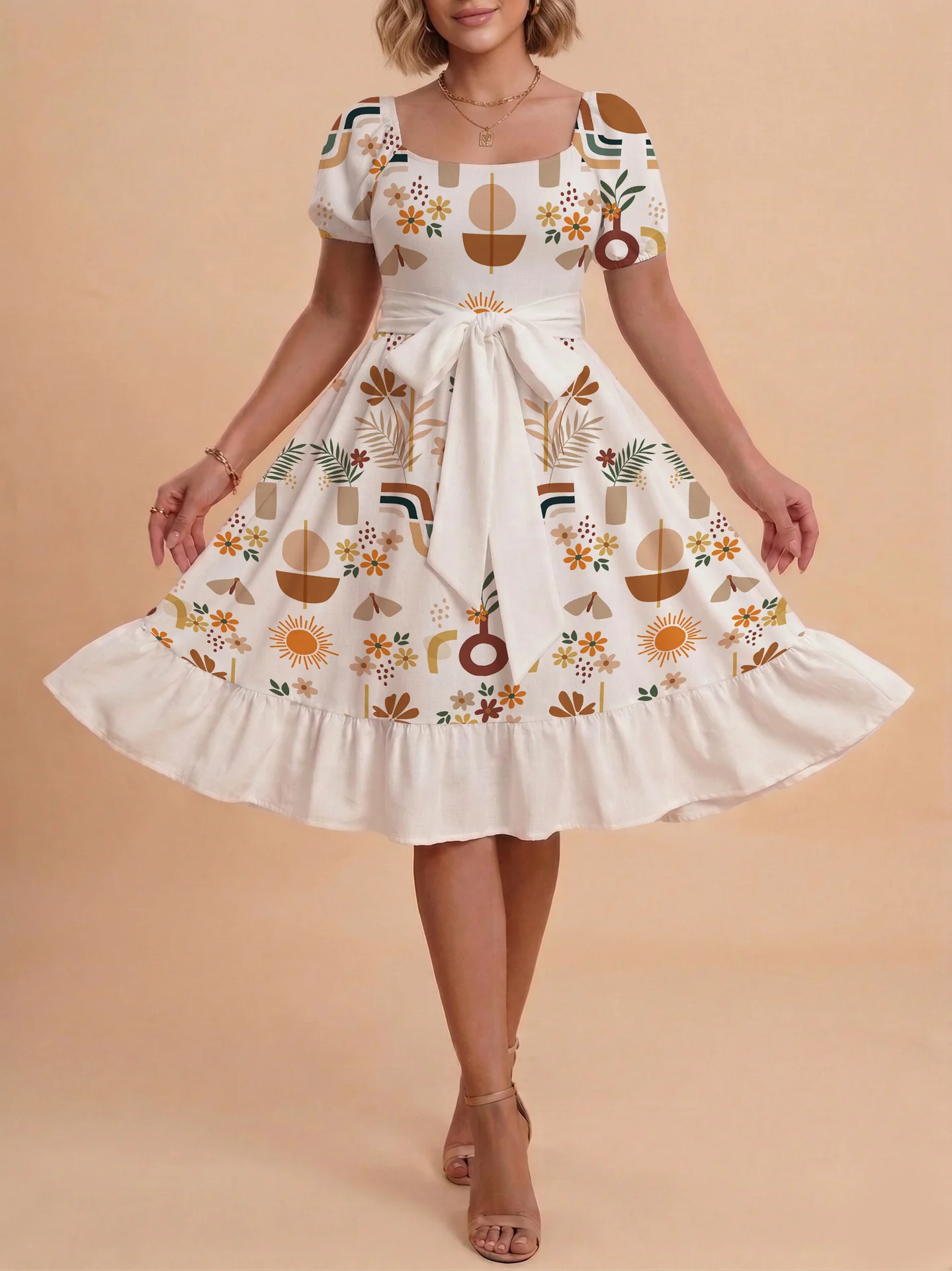 Damen Sommerkleid mit floralem Puffärmel und taillierbarem Gürtel R&B - Image 9