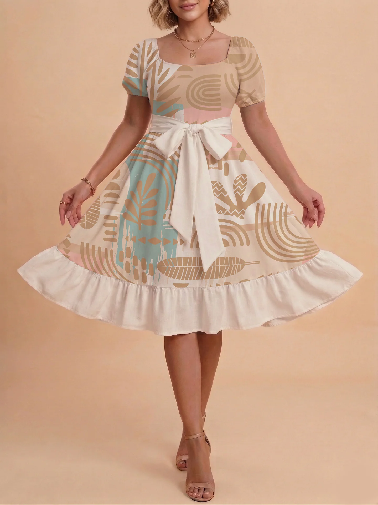 Damen Sommerliches Blumenkleid mit taillierbarem Gürtel und voluminösen Ärmeln R&B - Image 13