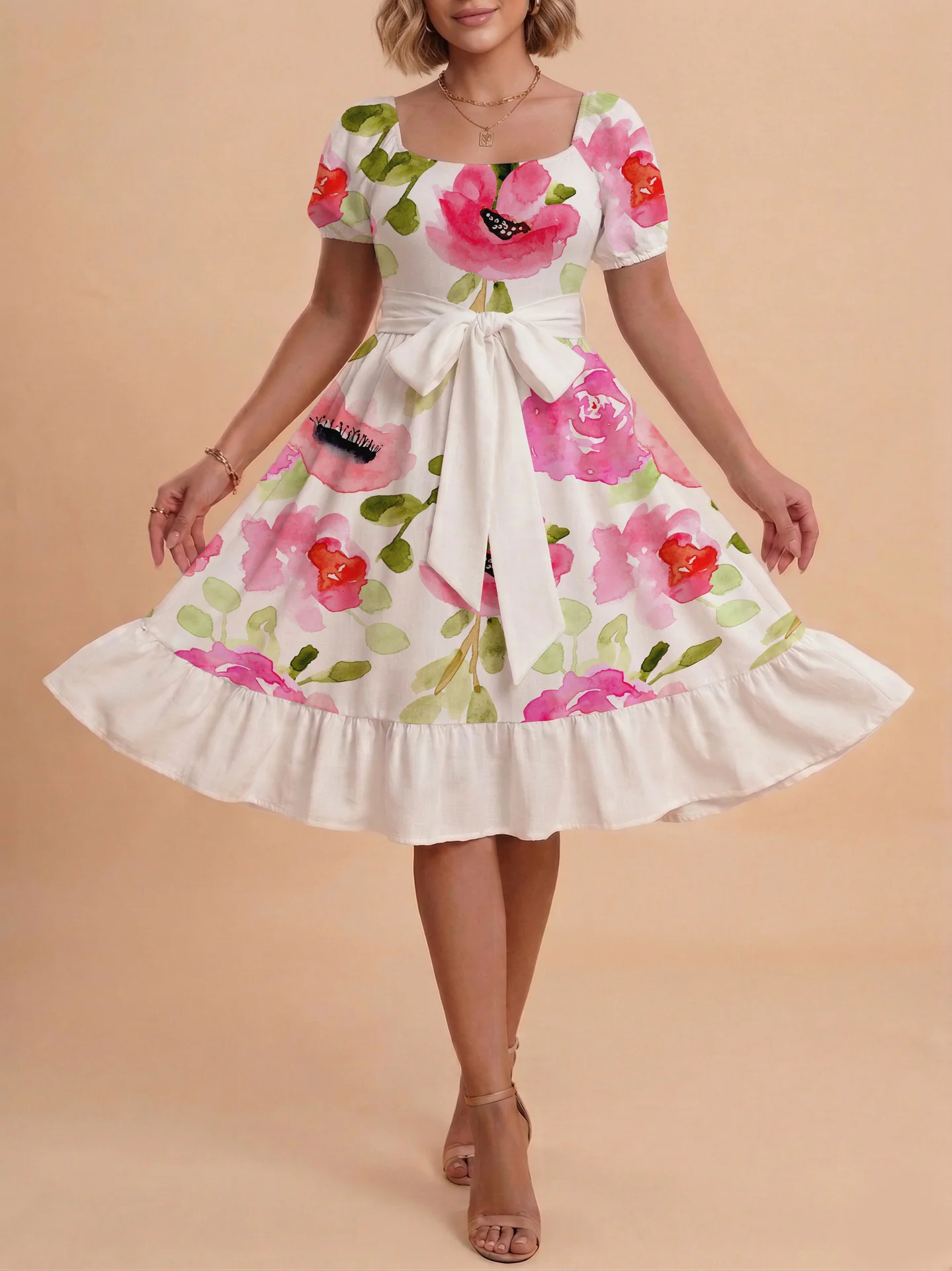 Damen Sommerliches Blumenkleid mit taillierbarem Gürtel und voluminösen Ärmeln R&B - Image 28