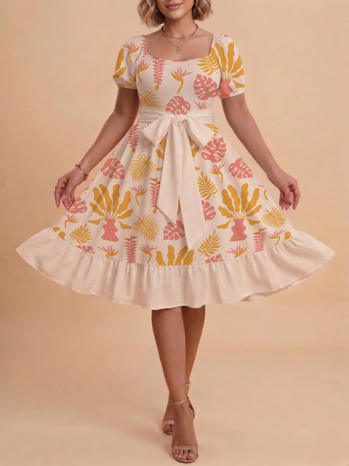 Damen Sommerliches Blumenkleid mit taillierbarem Gürtel und voluminösen Ärmeln R&B - Image 36