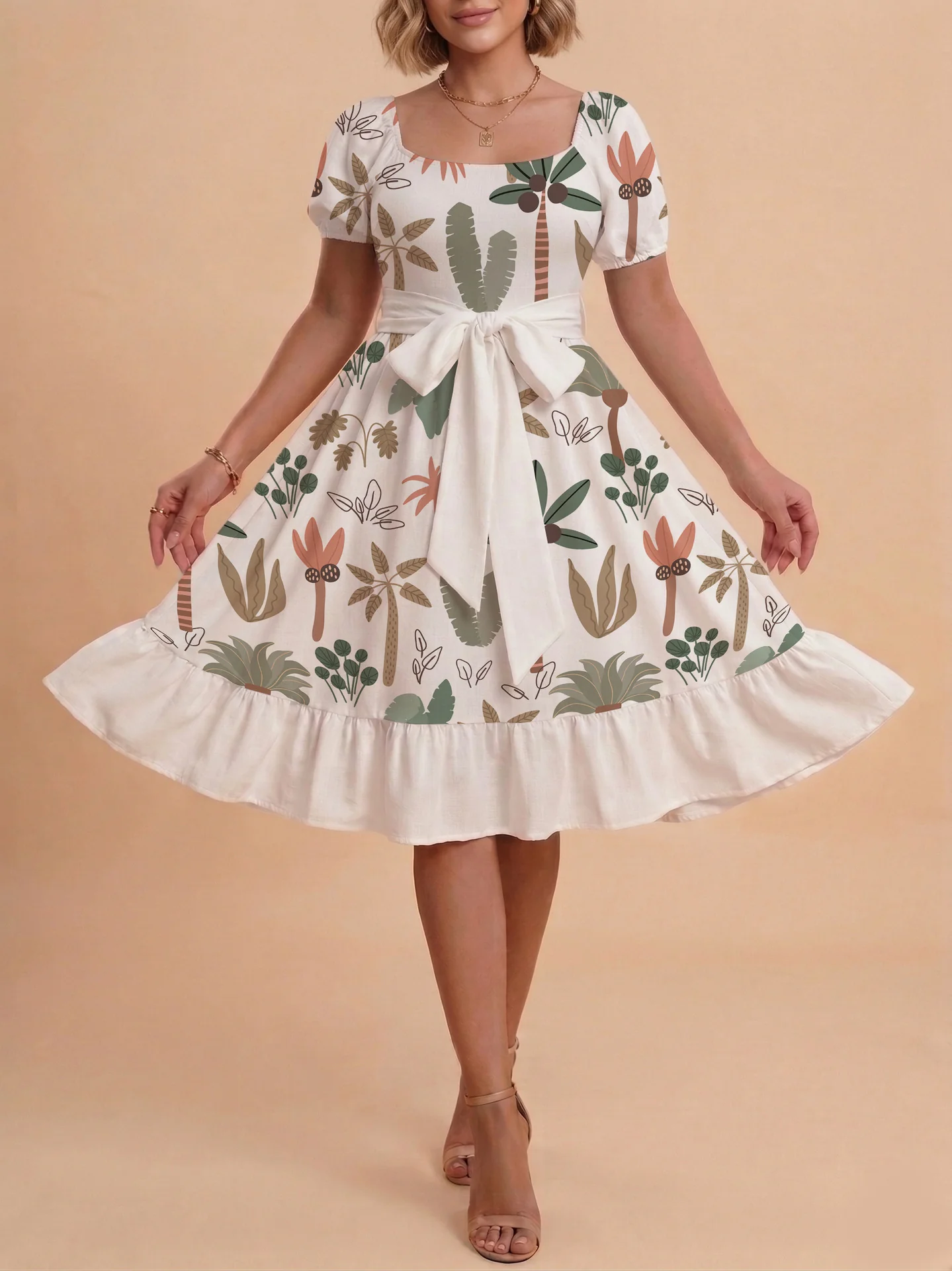 Damen Sommerliches Blumenkleid mit taillierbarem Gürtel und voluminösen Ärmeln R&B - Image 7