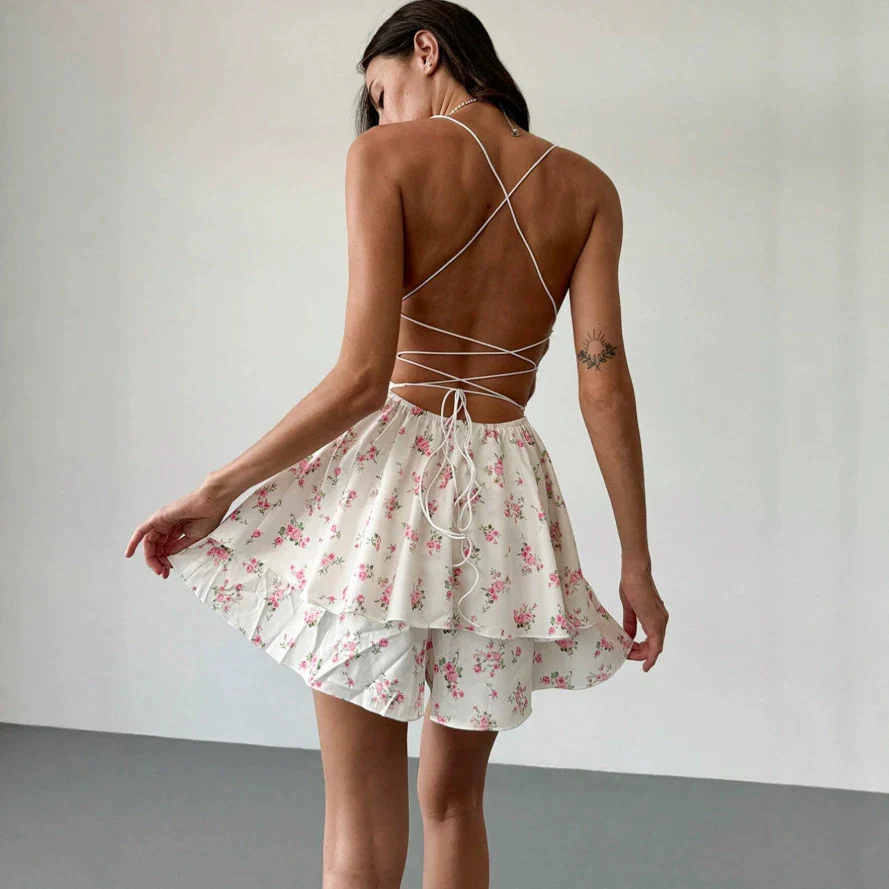 Damen Sommerliches Mini-Kleid mit verstellbaren Spaghettiträgern und floralem Druck R&B - Image 2