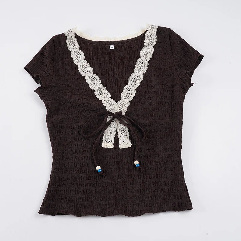 Damen Sommerliches Spitzen-Oberteil mit verstellbarem Bindeband und romantischem V-Ausschnitt R&B - Image 6